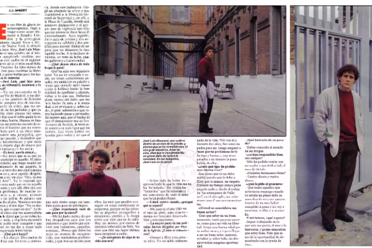Página de revista con una entrevista en texto y varias fotos de un hombre joven de cabello rizado, vestido con suéter rojo y pantalón oscuro, posando en diferentes áreas de lo que parece ser un patio o recinto cerrado Página de revista con una entrevista en texto y varias fotos de un hombre joven de cabello rizado, vestido con suéter rojo y pantalón oscuro, posando en diferentes áreas de lo que parece ser un patio o recinto cerrado