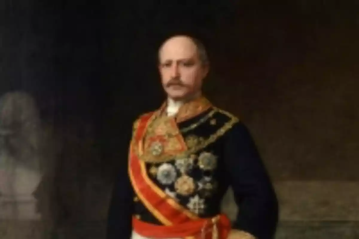 Retrato de un hombre con bigote vestido con uniforme militar elegante adornado con medallas y una banda roja Retrato de un hombre con bigote vestido con uniforme militar elegante adornado con medallas y una banda roja