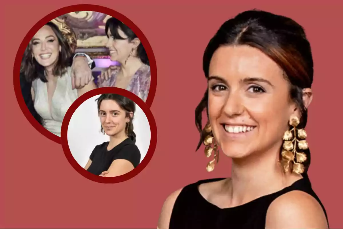 Montaje con fondo rojo donde aparece una mujer joven de cabello oscuro y pendientes dorados en primer plano, y dos círculos con fotos más pequeñas de la misma mujer en diferentes situaciones, una de ellas acompañada de otra persona sonriendo.