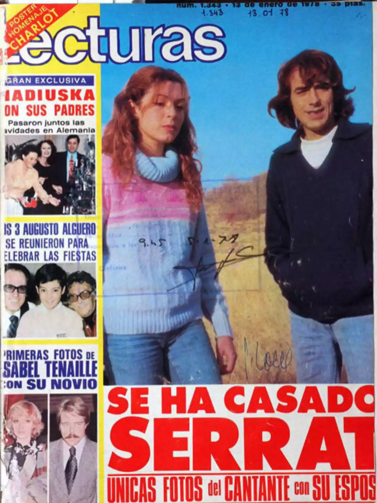 Portada de la revista Lecturas de enero de 1978 con una pareja posando al aire libre y titulares sobre el matrimonio de Serrat y otras noticias de celebridades Portada de la revista Lecturas de enero de 1978 con una pareja posando al aire libre y titulares sobre el matrimonio de Serrat y otras noticias de celebridades