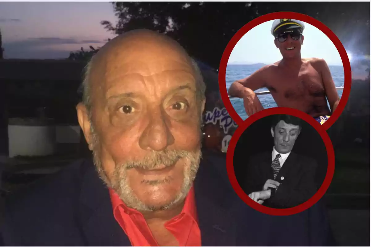 Hombre mayor con barba y bigote en primer plano, al fondo dos fotos circulares más pequeñas, una de un hombre joven sin camisa y gorra de capitán en un barco y otra en blanco y negro de un hombre con traje revisando su reloj
