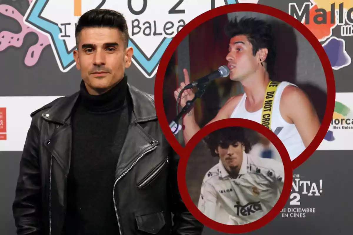 Hombre con chaqueta de cuero negra posando frente a un fondo de evento, con dos imágenes circulares superpuestas que muestran al mismo hombre en su juventud, una cantando y otra jugando fútbol.