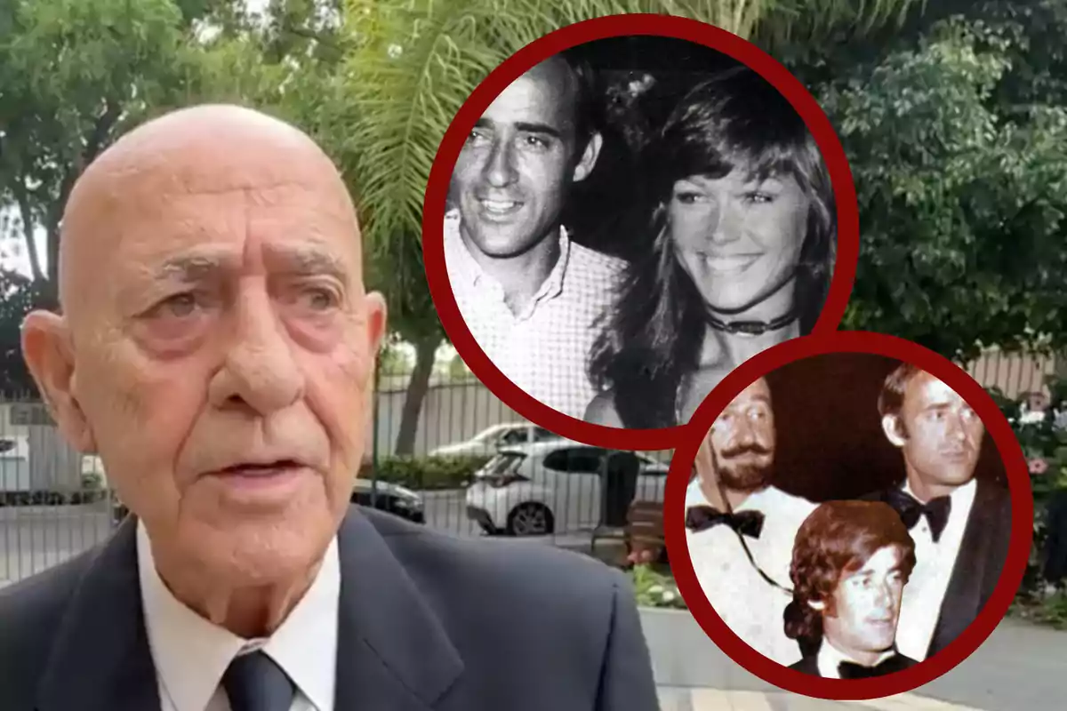 Hombre mayor de traje en primer plano con dos fotografías antiguas enmarcadas en círculos rojos al fondo, una en blanco y negro de una pareja sonriente y otra en color de tres hombres vestidos de etiqueta