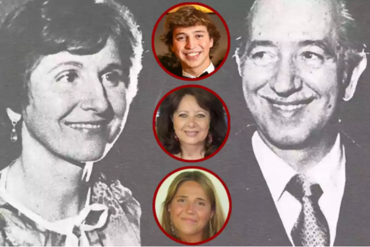Fotografía en blanco y negro de una pareja sonriente con tres retratos circulares en color de diferentes personas superpuestos en el centro de la imagen.