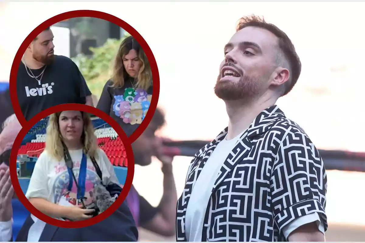 Hombre con barba y camisa estampada en primer plano mientras en la esquina izquierda hay dos círculos rojos que muestran a una pareja caminando y a una mujer con cámara en un estadio