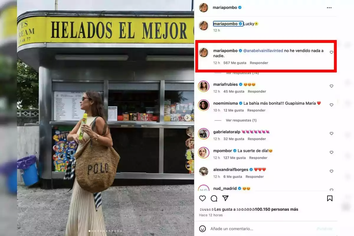 María Pombo con gafas de sol y un bolso grande que dice POLO sostiene un helado frente a un puesto de helados llamado Helados El Mejor mientras mira hacia la izquierda. María Pombo con gafas de sol y un bolso grande que dice POLO sostiene un helado frente a un puesto de helados llamado Helados El Mejor mientras mira hacia la izquierda.