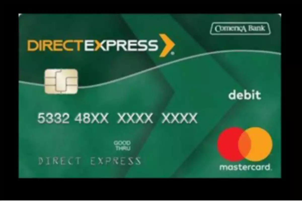 Green Direct Express debit card with chip and Mastercard and Comerica Bank logos Green Direct Express debit card with chip and Mastercard and Comerica Bank logos
