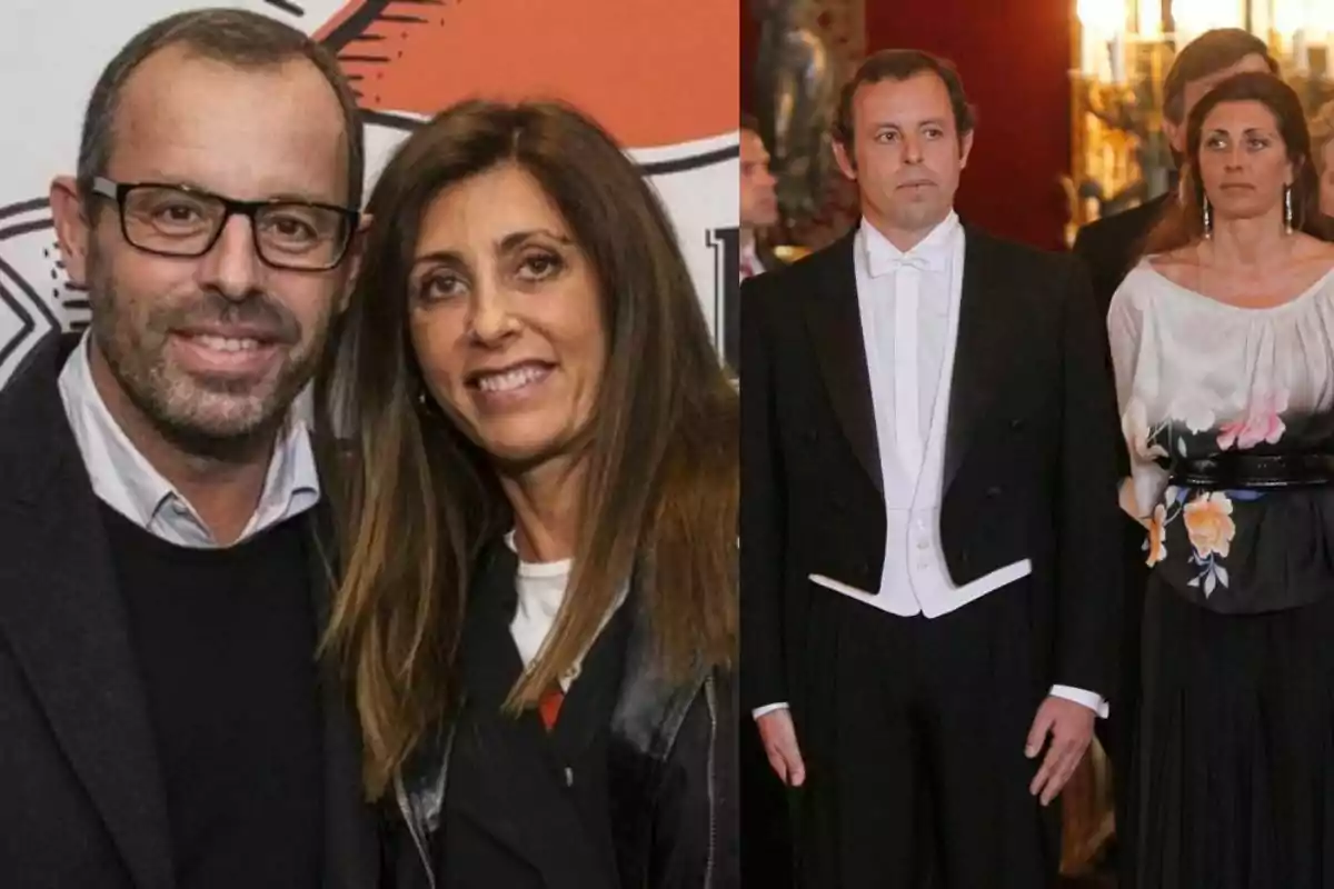 Una pareja aparece en dos situaciones diferentes, en la primera están sonriendo y vestidos de manera casual, en la segunda están en un evento formal con expresiones serias y ropa elegante.
