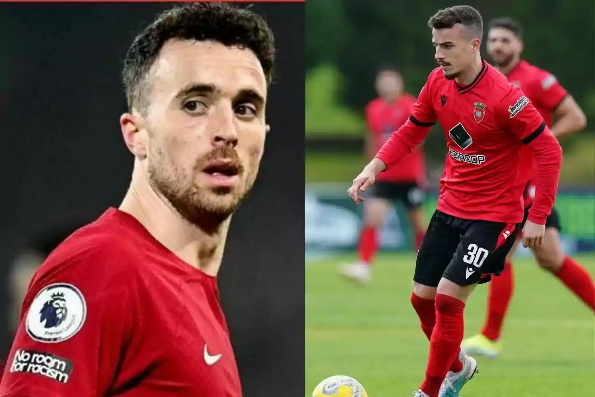 Dos futbolistas con uniforme rojo uno en primer plano y otro en acción durante un partido de fútbol en el campo Dos futbolistas con uniforme rojo uno en primer plano y otro en acción durante un partido de fútbol en el campo