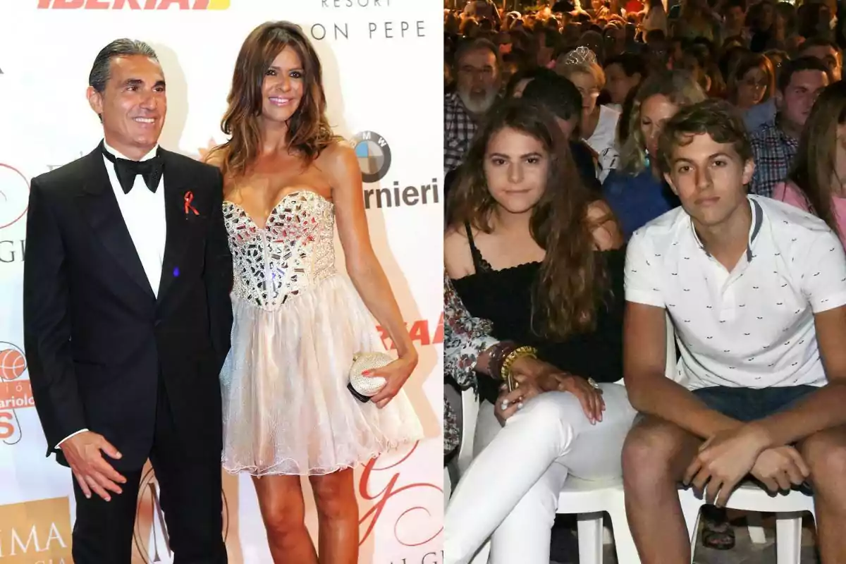 Una pareja elegantemente vestida posa en una alfombra roja mientras dos jóvenes sentados entre una multitud miran hacia la cámara. Una pareja elegantemente vestida posa en una alfombra roja mientras dos jóvenes sentados entre una multitud miran hacia la cámara.
