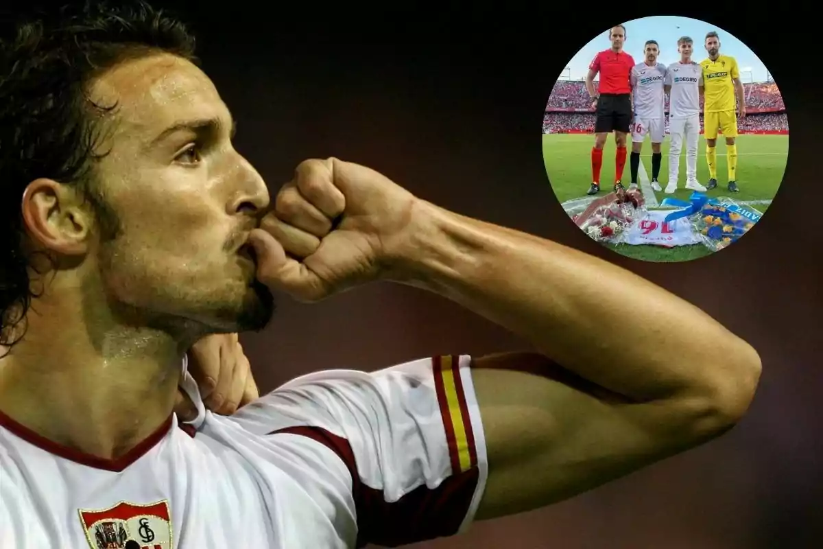 Futbolista del Sevilla celebrando un gol besando su puño con un recuadro en la esquina que muestra un homenaje en el campo con jugadores y flores