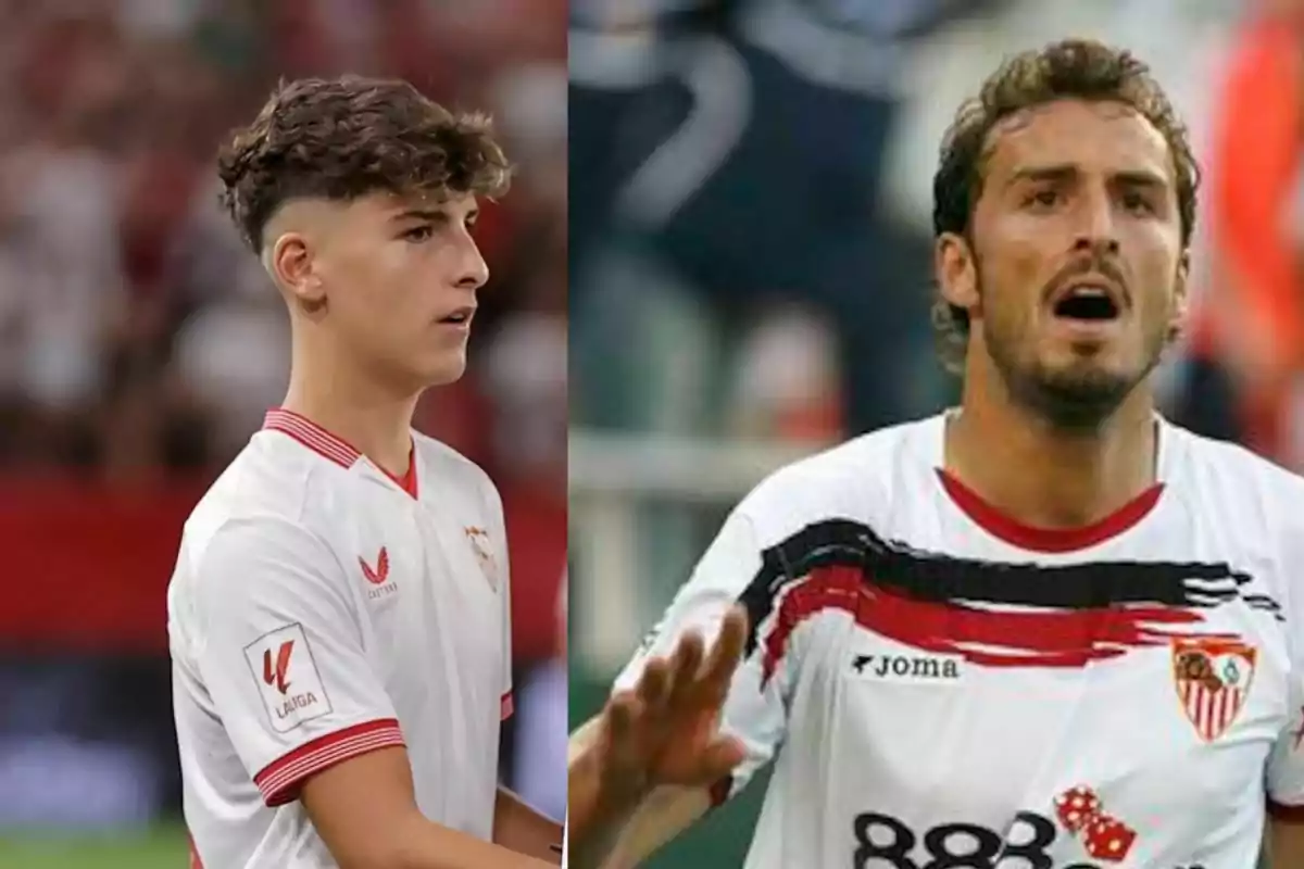 Dos futbolistas con uniforme del Sevilla FC aparecen uno al lado del otro en diferentes épocas Dos futbolistas con uniforme del Sevilla FC aparecen uno al lado del otro en diferentes épocas