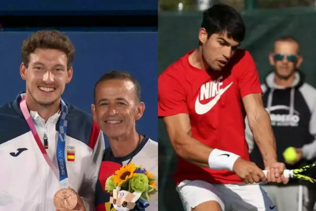 Dos imágenes juntas muestran a la izquierda a dos hombres sonrientes, uno de ellos con una medalla y un ramo de flores, y a la derecha a un tenista con camiseta roja golpeando la pelota durante un partido. Dos imágenes juntas muestran a la izquierda a dos hombres sonrientes, uno de ellos con una medalla y un ramo de flores, y a la derecha a un tenista con camiseta roja golpeando la pelota durante un partido.