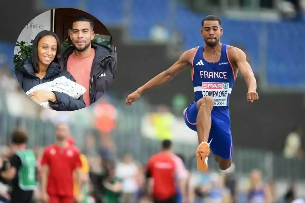 Un atleta francés compite en salto triple en un estadio mientras en un recuadro aparece junto a una mujer y un bebé en brazos