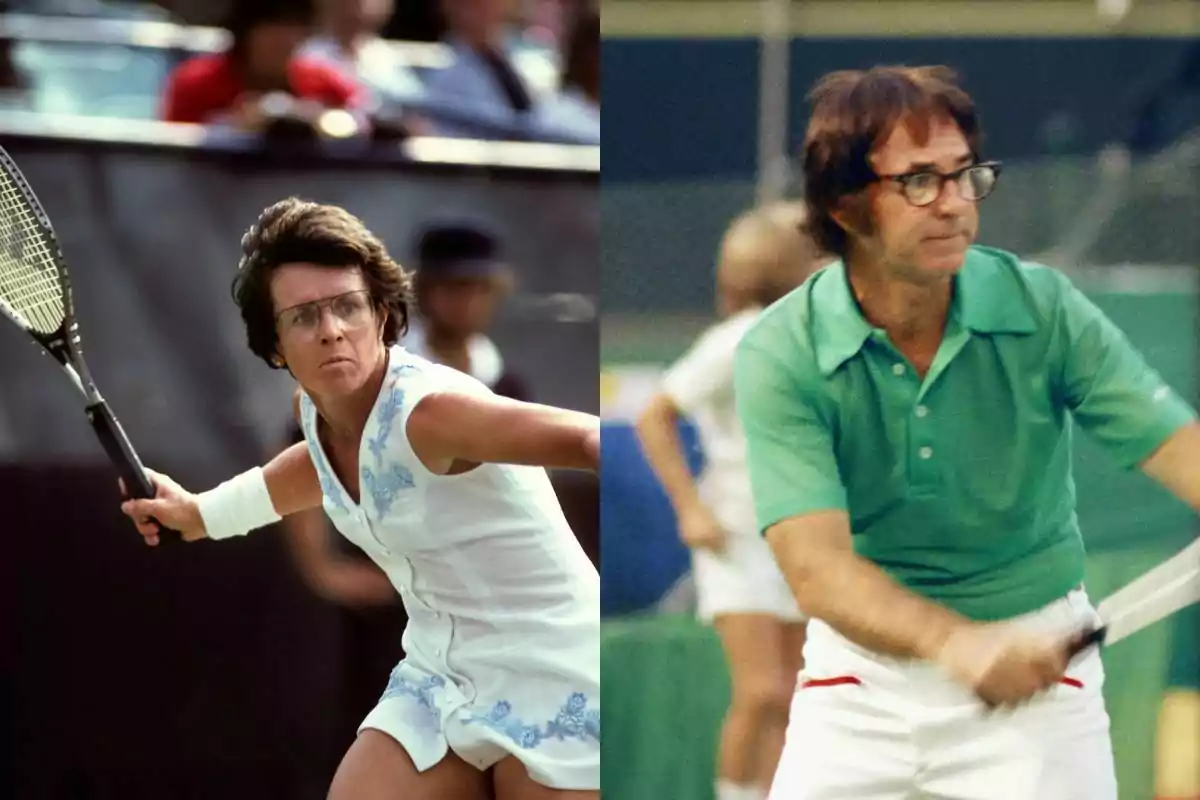 Dos personas jugando tenis, una mujer con vestido blanco y un hombre con camiseta verde, ambas sosteniendo raquetas y concentrados en el juego