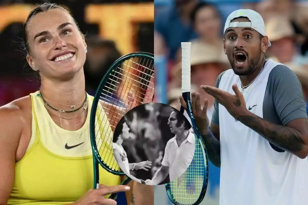 Dos tenistas, una mujer sonriente con raqueta y un hombre sorprendido con gorra blanca, aparecen en un montaje junto a una foto antigua en blanco y negro de dos personas dándose la mano