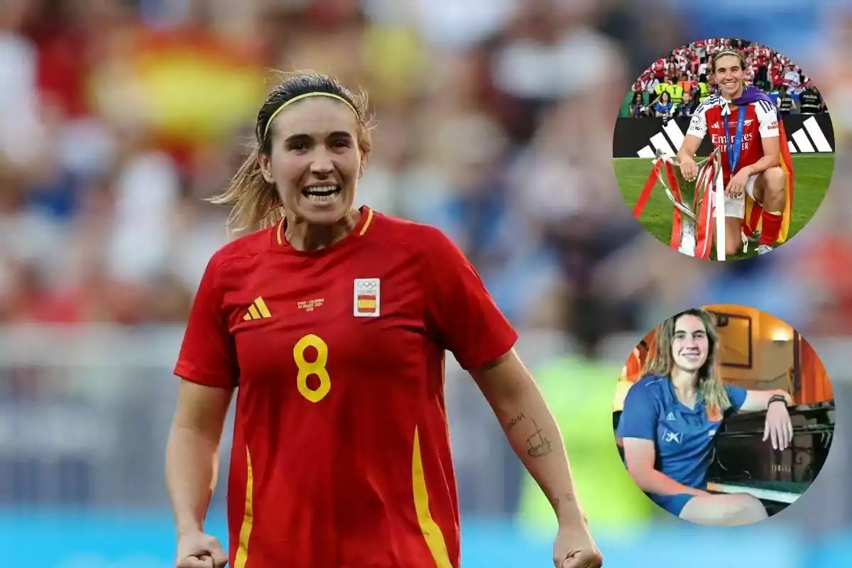 Futbolista con uniforme rojo celebrando en el campo, acompañada de dos imágenes circulares más pequeñas donde aparece en diferentes contextos, una con trofeo y otra sentada junto a un piano