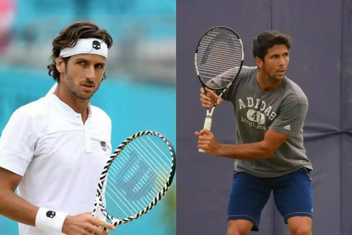 Dos tenistas en diferentes escenarios, uno vestido de blanco con una cinta en la cabeza y el otro con camiseta gris y shorts azules, ambos sosteniendo raquetas de tenis. Dos tenistas en diferentes escenarios, uno vestido de blanco con una cinta en la cabeza y el otro con camiseta gris y shorts azules, ambos sosteniendo raquetas de tenis.