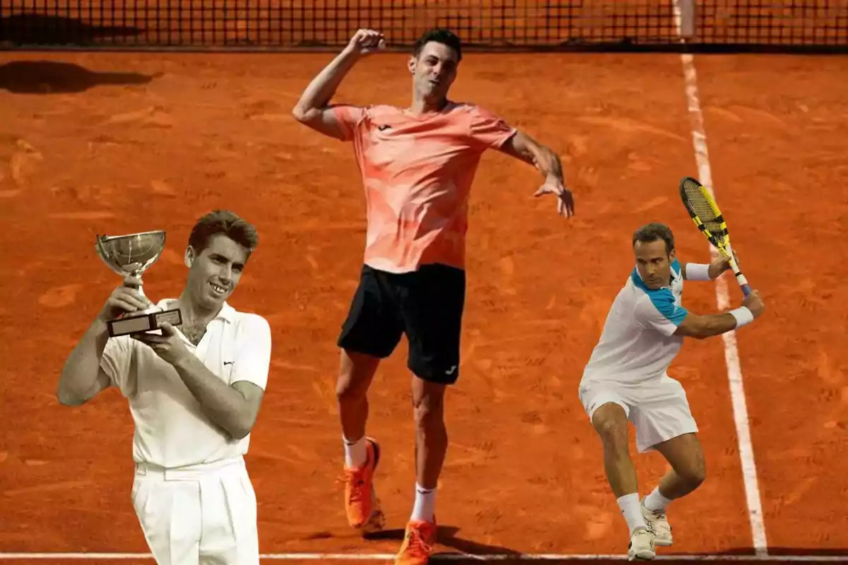 Tres tenistas en diferentes épocas sobre una cancha de arcilla uno celebrando con un trofeo otro en acción de saque y otro preparado para golpear la pelota