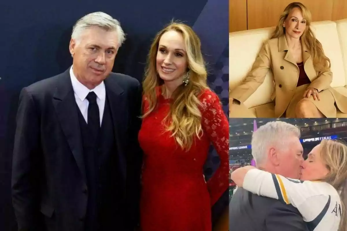 Un hombre de cabello canoso y traje oscuro aparece junto a una mujer rubia con vestido rojo en un evento, en la esquina superior derecha la misma mujer está sentada en un sofá con un abrigo beige y en la parte inferior derecha la pareja se abraza y se besa en un estadio.