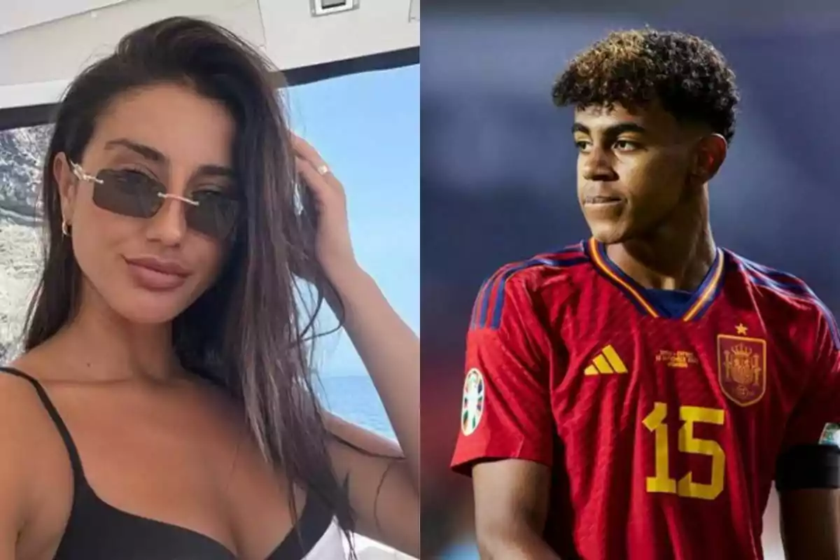 Una mujer con gafas de sol y traje de baño posa al aire libre junto a un joven futbolista con camiseta roja de la selección de España Una mujer con gafas de sol y traje de baño posa al aire libre junto a un joven futbolista con camiseta roja de la selección de España