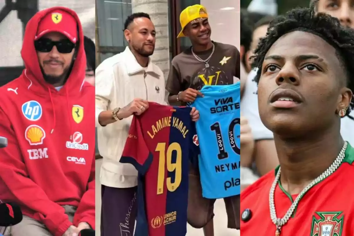 Tres imágenes de personas famosas, una con ropa de Ferrari, otra con dos personas intercambiando camisetas de fútbol y una más con camiseta de Portugal Tres imágenes de personas famosas, una con ropa de Ferrari, otra con dos personas intercambiando camisetas de fútbol y una más con camiseta de Portugal