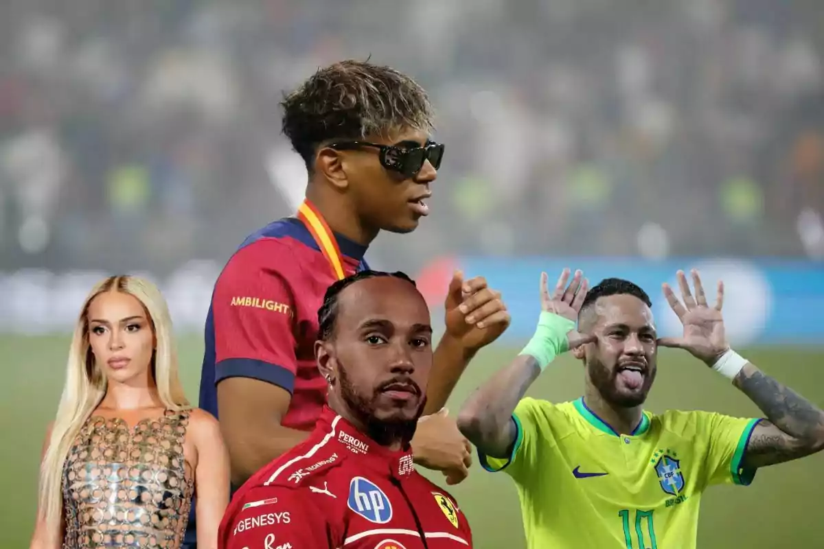 Cuatro personas famosas de diferentes ámbitos aparecen en un montaje con fondo de estadio deportivo