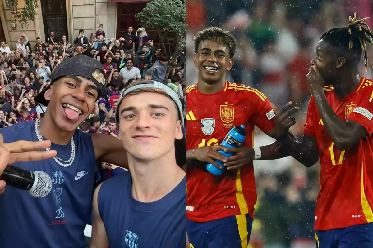 Dos jóvenes sonríen y posan para una selfie en una celebración con una multitud al fondo mientras en la otra mitad de la imagen dos futbolistas con uniforme de España celebran bajo la lluvia en un estadio Dos jóvenes sonríen y posan para una selfie en una celebración con una multitud al fondo mientras en la otra mitad de la imagen dos futbolistas con uniforme de España celebran bajo la lluvia en un estadio