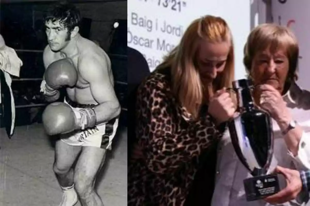 Un boxeador en blanco y negro en posición de guardia junto a dos mujeres emocionadas sosteniendo un trofeo en una ceremonia Un boxeador en blanco y negro en posición de guardia junto a dos mujeres emocionadas sosteniendo un trofeo en una ceremonia