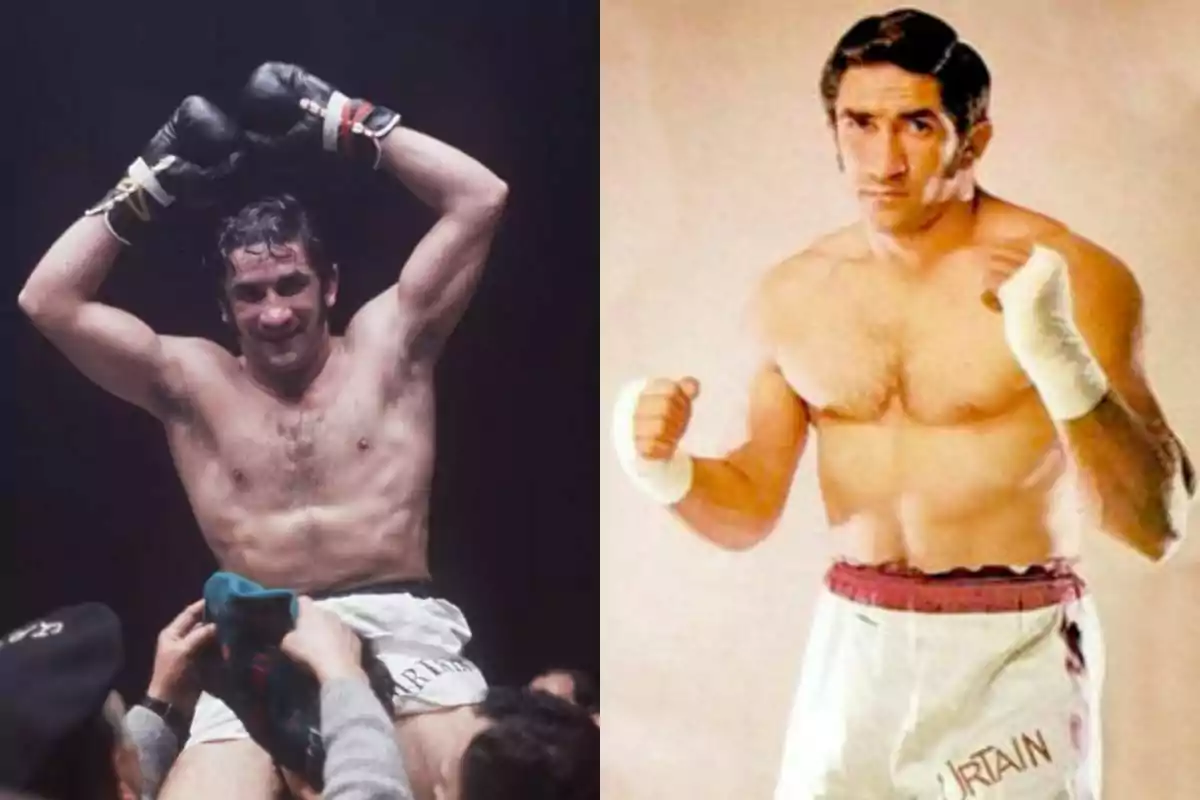 Dos imágenes de un boxeador, en la primera está celebrando con los brazos en alto y en la segunda está en posición de guardia con vendas en las manos Dos imágenes de un boxeador, en la primera está celebrando con los brazos en alto y en la segunda está en posición de guardia con vendas en las manos
