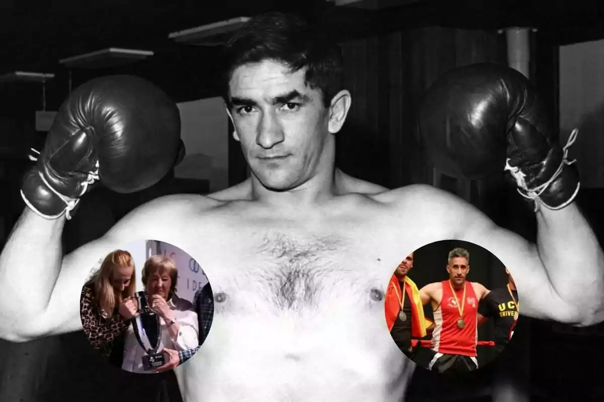 Boxeador en blanco y negro con guantes levantados y dos imágenes circulares superpuestas en el pecho, una mostrando a dos mujeres con un trofeo y otra a un hombre con medalla y uniforme deportivo.