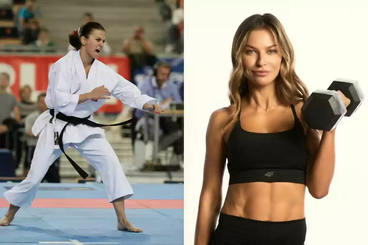 Dos mujeres deportistas, una practicando karate en un torneo y otra levantando una mancuerna en un estudio Dos mujeres deportistas, una practicando karate en un torneo y otra levantando una mancuerna en un estudio