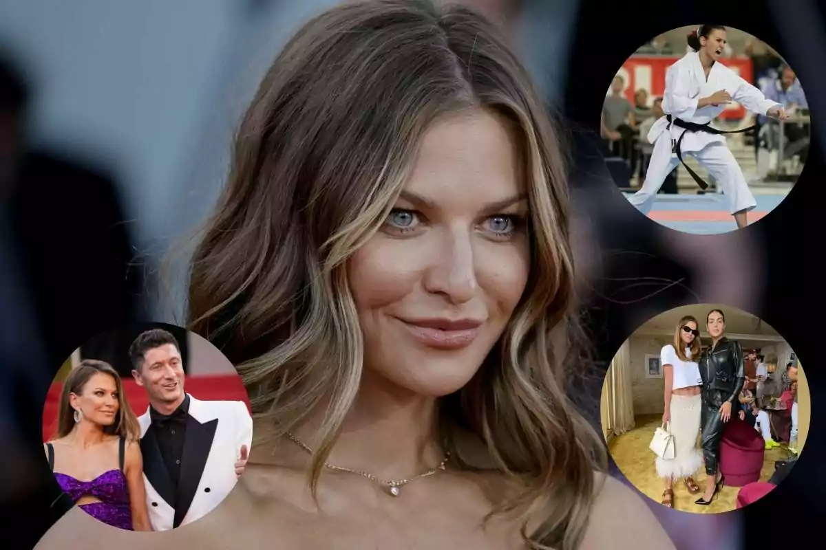 Una mujer de cabello rubio oscuro y ojos claros en primer plano, rodeada de tres círculos pequeños que muestran diferentes escenas de su vida, incluyendo una competencia de karate, una alfombra roja con un hombre y una foto con otra mujer en un evento social.