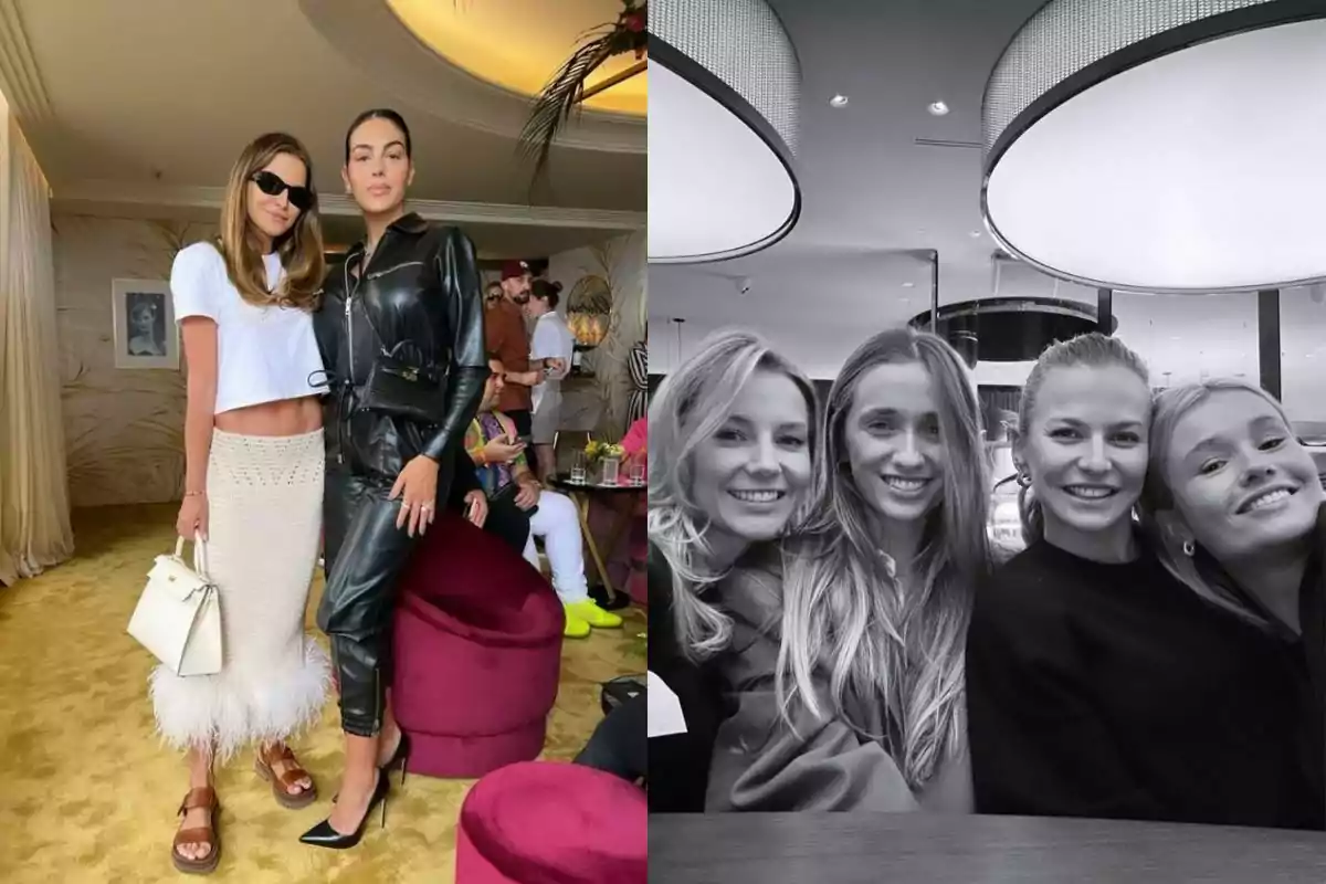 Dos mujeres posan en un elegante salón mientras otras personas conversan al fondo, junto a una imagen en blanco y negro de cuatro mujeres sonriendo sentadas en una mesa bajo lámparas grandes. Dos mujeres posan en un elegante salón mientras otras personas conversan al fondo, junto a una imagen en blanco y negro de cuatro mujeres sonriendo sentadas en una mesa bajo lámparas grandes.