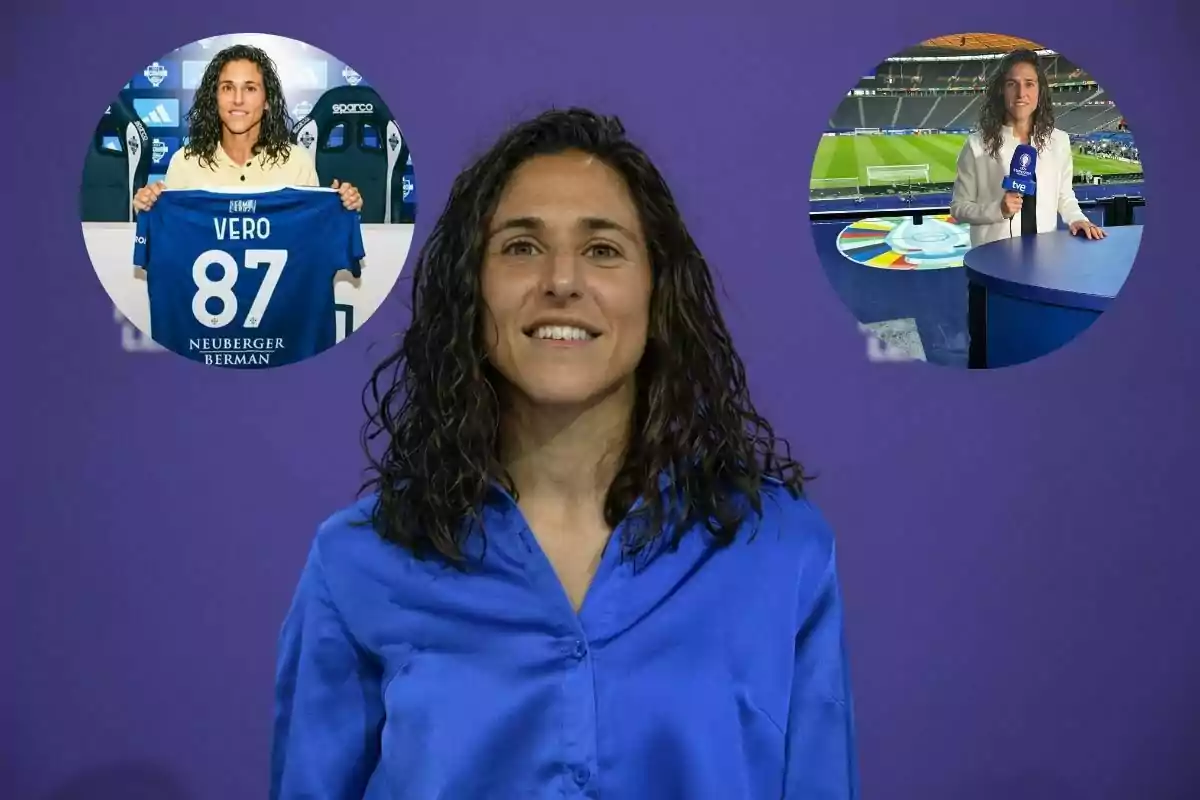 Mujer de cabello rizado y camisa azul al centro con dos imágenes circulares en el fondo una donde sostiene una camiseta de fútbol y otra donde está en un estadio con un micrófono