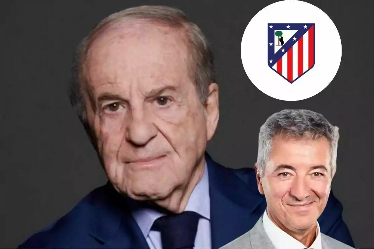 Dos hombres con traje y el escudo del Atlético de Madrid sobre un fondo oscuro
