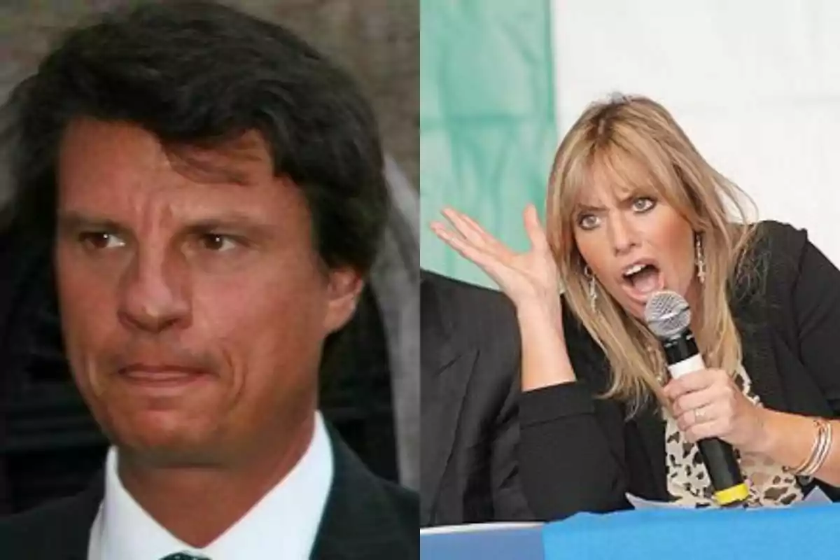 Un hombre con expresión seria y una mujer rubia hablando en un micrófono con gesto sorprendido Un hombre con expresión seria y una mujer rubia hablando en un micrófono con gesto sorprendido