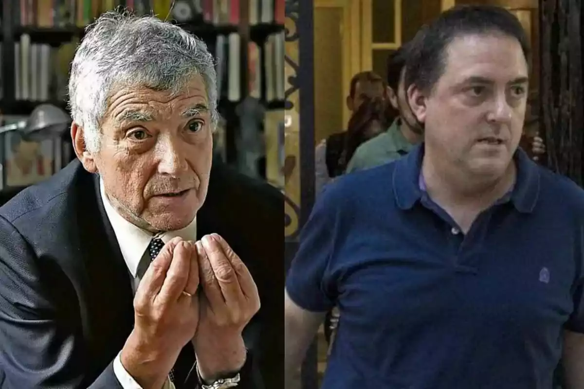 Dos hombres aparecen en la imagen uno de ellos está vestido con traje y corbata haciendo un gesto con las manos mientras el otro viste una camiseta tipo polo azul y está de pie en un entorno urbano