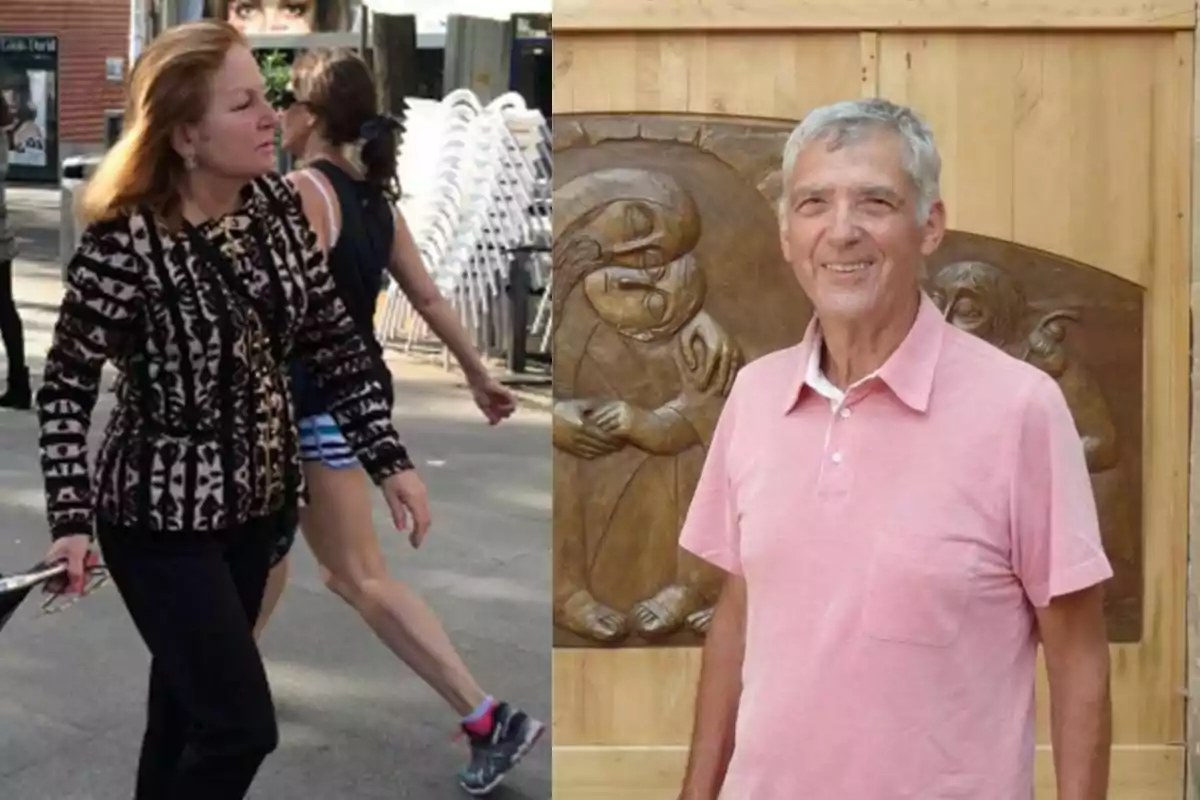 Una mujer camina por la calle mientras un hombre mayor sonríe frente a una escultura de madera. Una mujer camina por la calle mientras un hombre mayor sonríe frente a una escultura de madera.