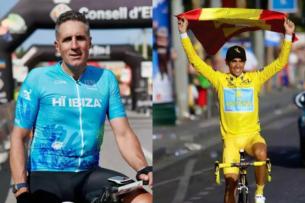 Dos ciclistas, uno con uniforme azul montando su bicicleta y otro con uniforme amarillo celebrando con una bandera mientras pedalea Dos ciclistas, uno con uniforme azul montando su bicicleta y otro con uniforme amarillo celebrando con una bandera mientras pedalea