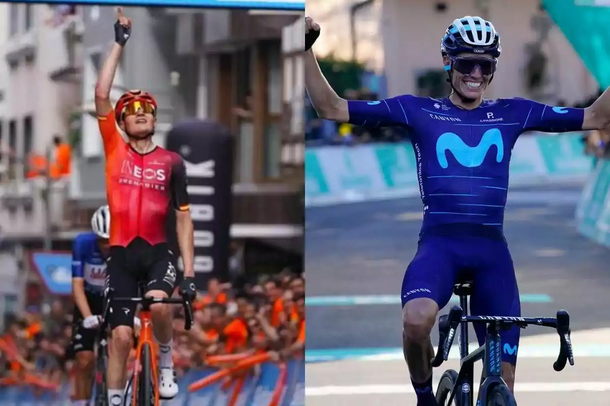 Dos ciclistas celebran al cruzar la meta en diferentes competencias, uno con uniforme rojo y negro levantando un brazo y el otro con uniforme azul levantando ambos brazos. Dos ciclistas celebran al cruzar la meta en diferentes competencias, uno con uniforme rojo y negro levantando un brazo y el otro con uniforme azul levantando ambos brazos.