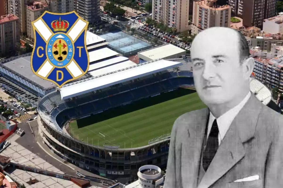 Vista aérea de un estadio de fútbol rodeado de edificios, con el escudo del Club Deportivo Tenerife y la imagen en blanco y negro de un hombre con traje en primer plano.
