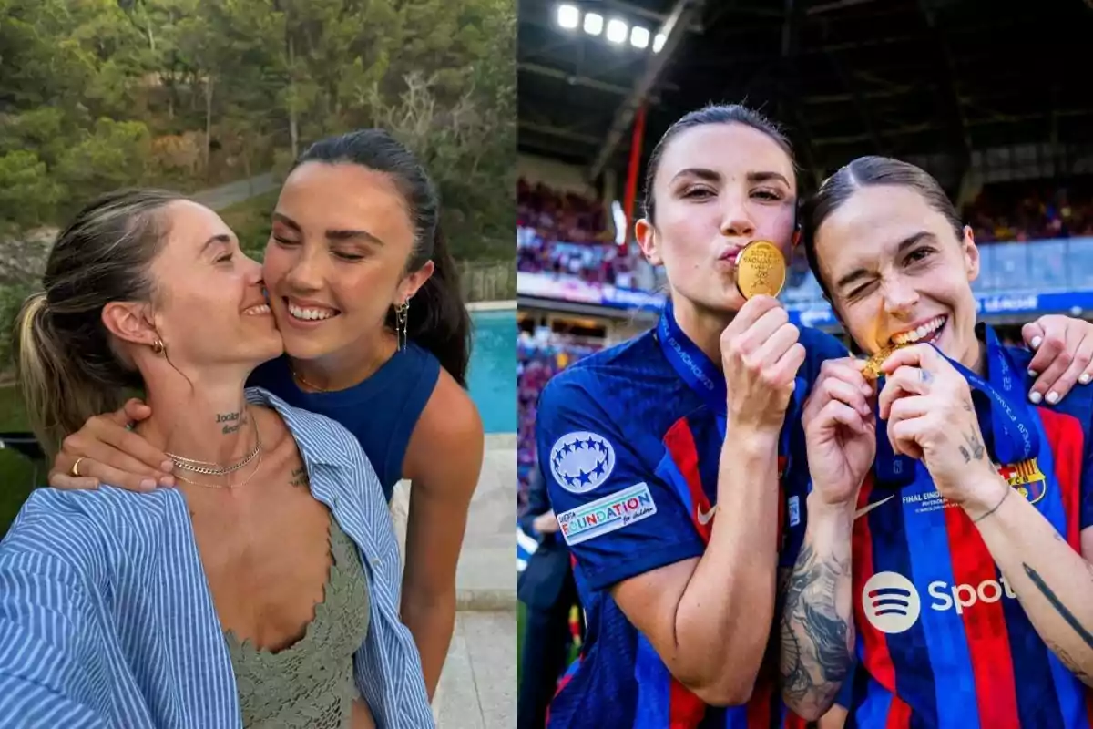 Dos mujeres aparecen en la primera imagen abrazándose y sonriendo al aire libre, mientras que en la segunda imagen celebran en un estadio con medallas de oro, vistiendo uniformes de fútbol del FC Barcelona.