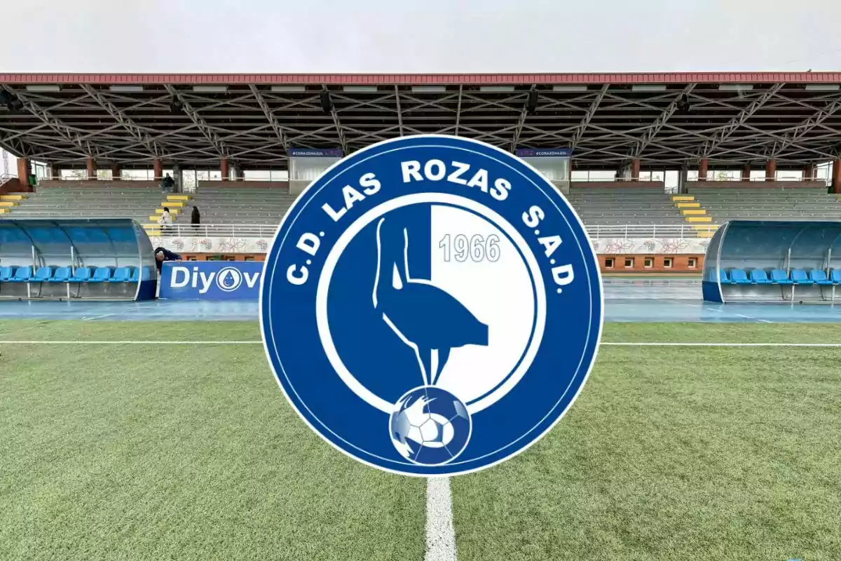 Escudo del club C.D. Las Rozas S.A.D. sobre el campo de fútbol y las gradas del estadio