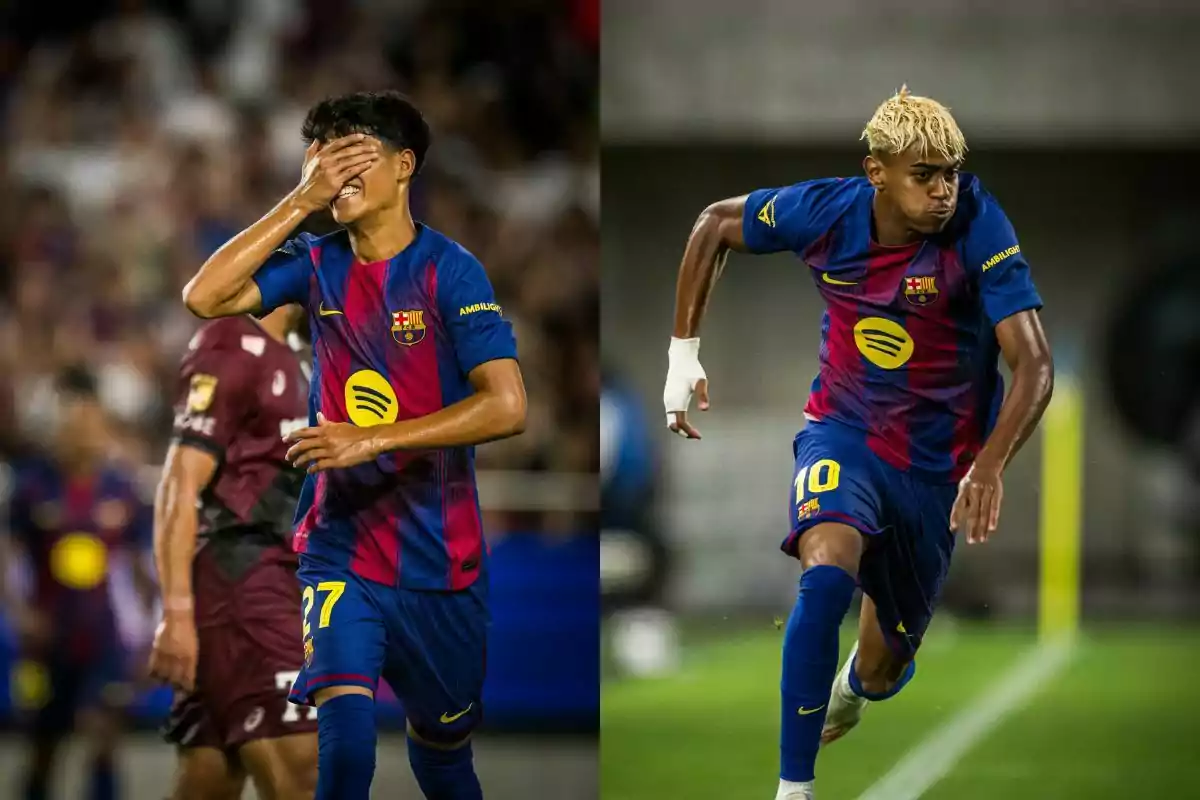 Dos futbolistas del Barcelona con uniforme azul y rojo durante un partido, uno cubriéndose el rostro y el otro corriendo en el campo Dos futbolistas del Barcelona con uniforme azul y rojo durante un partido, uno cubriéndose el rostro y el otro corriendo en el campo