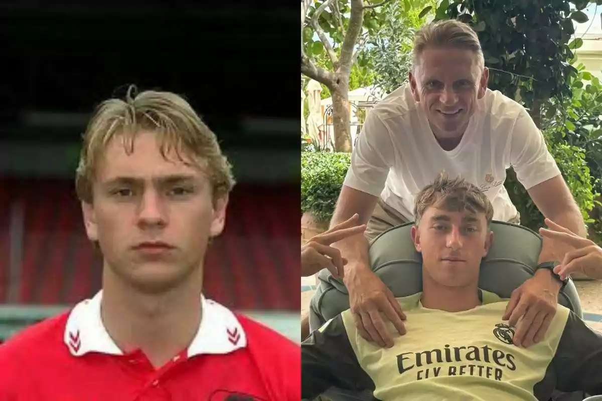 Comparación de dos fotos, una antigua de un joven con camiseta roja de fútbol y otra actual de dos personas, una sentada con camiseta del Real Madrid y otra de pie detrás de él, ambos en un entorno al aire libre Comparación de dos fotos, una antigua de un joven con camiseta roja de fútbol y otra actual de dos personas, una sentada con camiseta del Real Madrid y otra de pie detrás de él, ambos en un entorno al aire libre