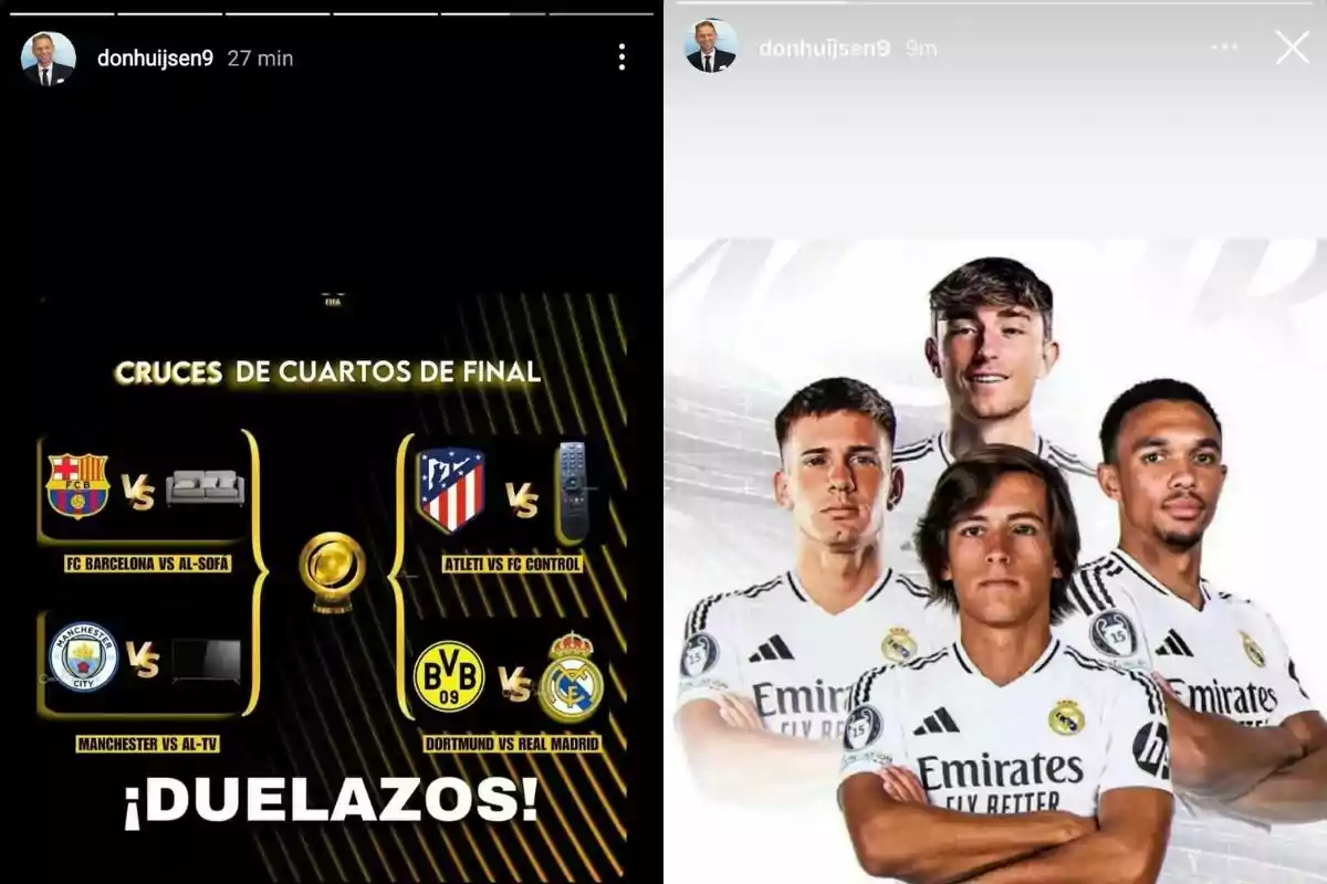 Montaje con dos imágenes, a la izquierda un gráfico humorístico de los cuartos de final de fútbol con equipos y objetos como sofá, control remoto y televisión, y a la derecha cuatro jugadores del Real Madrid posando con el uniforme del equipo. Montaje con dos imágenes, a la izquierda un gráfico humorístico de los cuartos de final de fútbol con equipos y objetos como sofá, control remoto y televisión, y a la derecha cuatro jugadores del Real Madrid posando con el uniforme del equipo.
