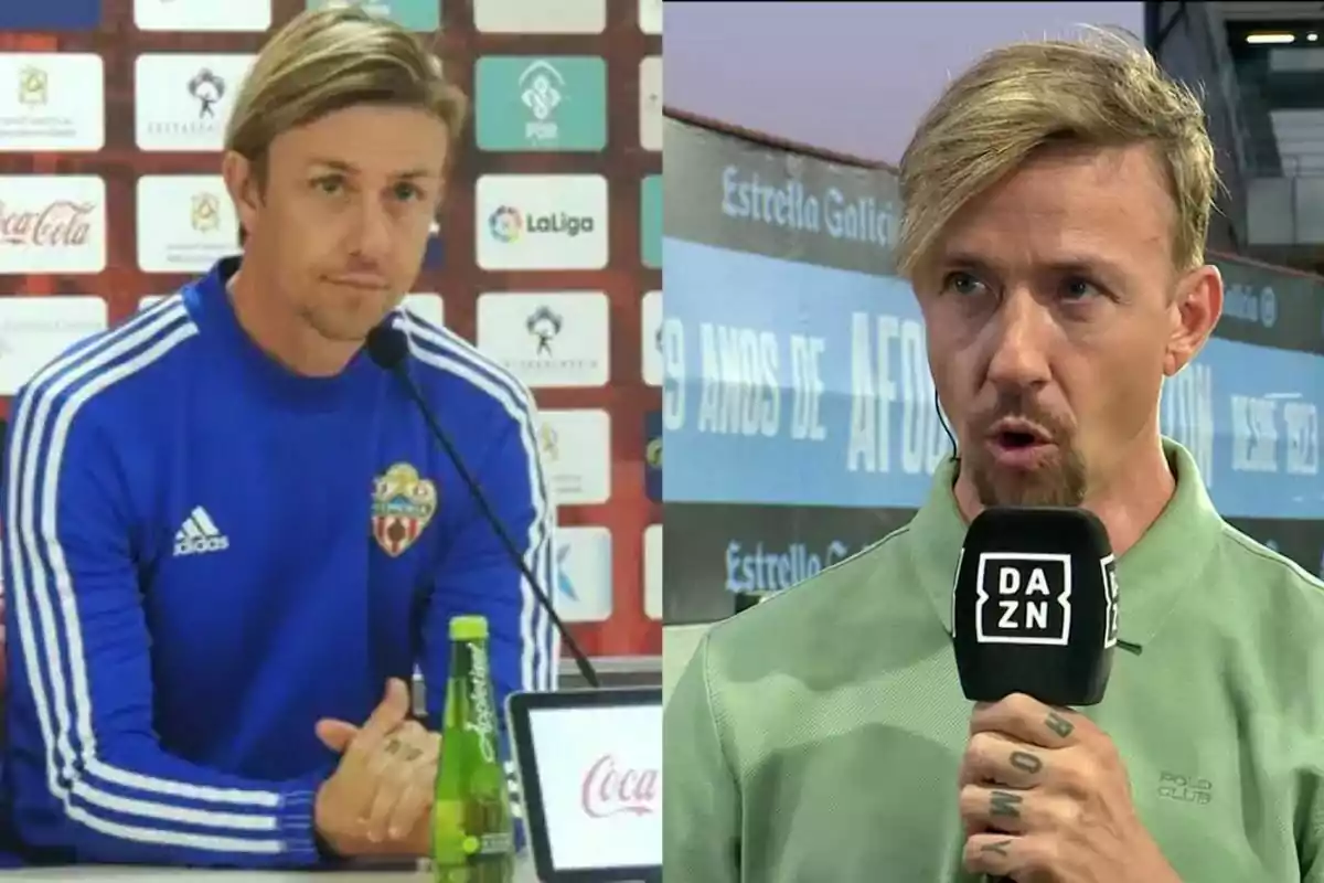 Un hombre rubio con barba corta aparece en dos situaciones diferentes, en la primera está en una rueda de prensa con un chándal azul y en la segunda sostiene un micrófono de DAZN mientras da una entrevista con una camisa verde claro. Un hombre rubio con barba corta aparece en dos situaciones diferentes, en la primera está en una rueda de prensa con un chándal azul y en la segunda sostiene un micrófono de DAZN mientras da una entrevista con una camisa verde claro.