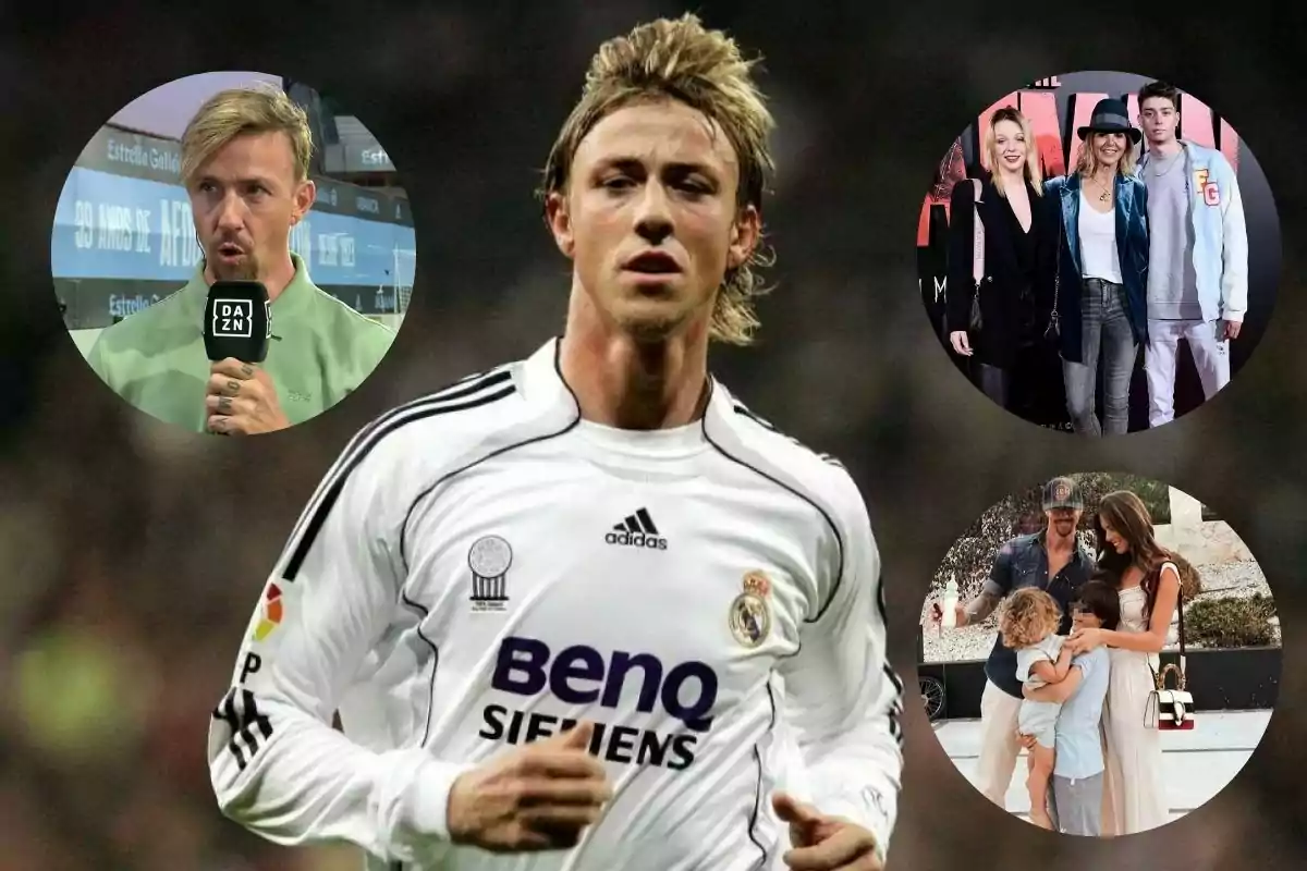 Un futbolista con la camiseta del Real Madrid en el centro de la imagen, rodeado por tres recuadros circulares que muestran diferentes momentos de su vida personal y profesional