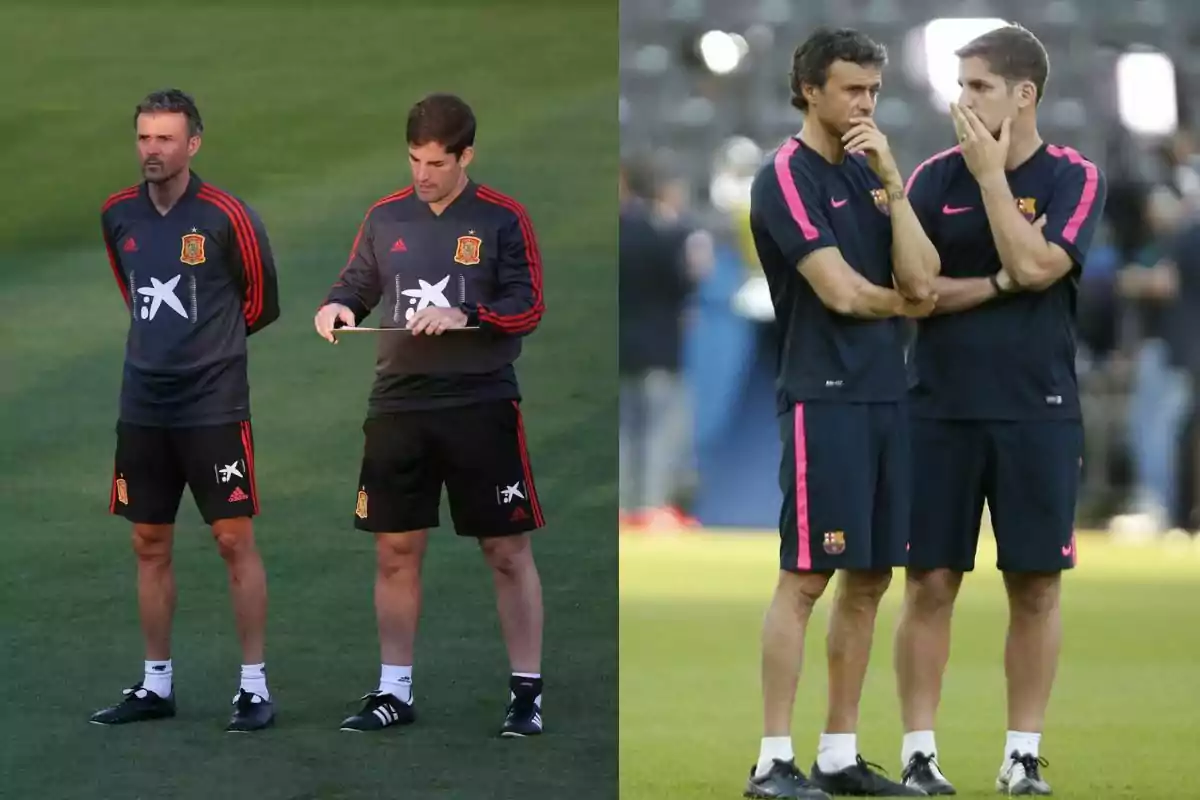 Dos entrenadores de fútbol conversan en el campo en dos momentos diferentes, uno con uniforme de la selección de España y otro con uniforme del FC Barcelona Dos entrenadores de fútbol conversan en el campo en dos momentos diferentes, uno con uniforme de la selección de España y otro con uniforme del FC Barcelona